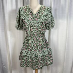 Maisie Floral Cotton Mini Dress Size M Puff Sleeve Tiered Boho Green Sundress